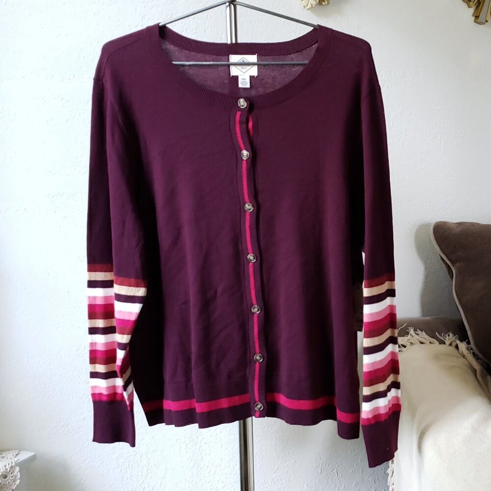 St. John's Bay Plum Cardigan with Pink and Cream Stripes